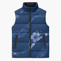 Aloha Hawaii Floral Tapa Sleeveless Puffer Jacket Patchwork Navy - Polynesian Pride
