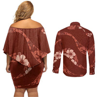 Aloha Hawaii Floral Tapa Couples Matching Off Shoulder Short Dress and Long Sleeve Button Shirt Patchwork Crimson - Polynesian Pride