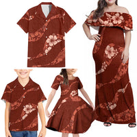 Aloha Hawaii Floral Tapa Family Matching Off Shoulder Maxi Dress and Hawaiian Shirt Patchwork Crimson - Polynesian Pride