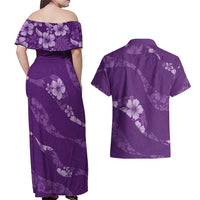 Aloha Hawaii Floral Tapa Couples Matching Off Shoulder Maxi Dress and Hawaiian Shirt Patchwork Violet - Polynesian Pride