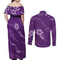Aloha Hawaii Floral Tapa Couples Matching Off Shoulder Maxi Dress and Long Sleeve Button Shirt Patchwork Violet - Polynesian Pride