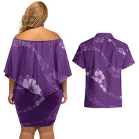 Aloha Hawaii Floral Tapa Couples Matching Off Shoulder Short Dress and Hawaiian Shirt Patchwork Violet - Polynesian Pride