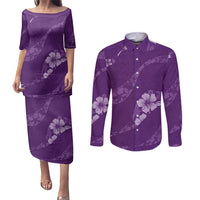 Aloha Hawaii Floral Tapa Couples Matching Puletasi and Long Sleeve Button Shirt Patchwork Violet - Polynesian Pride