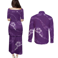 Aloha Hawaii Floral Tapa Couples Matching Puletasi and Long Sleeve Button Shirt Patchwork Violet - Polynesian Pride