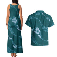 Aloha Hawaii Floral Tapa Couples Matching Tank Maxi Dress and Hawaiian Shirt Patchwork Teal - Polynesian Pride