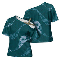 Aloha Hawaii Floral Tapa Cross Shoulder Shirt Patchwork Teal - Polynesian Pride