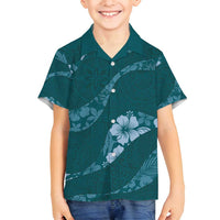 Aloha Hawaii Floral Tapa Family Matching Off Shoulder Short Dress and Hawaiian Shirt Patchwork Teal - Polynesian Pride