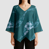 Aloha Hawaii Floral Tapa Kimono Sleeve Blouse Patchwork Teal - Polynesian Pride