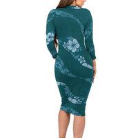 Aloha Hawaii Floral Tapa Long Sleeve Bodycon Dress Patchwork Teal - Polynesian Pride