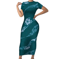 Aloha Hawaii Floral Tapa Short Sleeve Bodycon Dress Patchwork Teal - Polynesian Pride