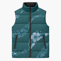 Aloha Hawaii Floral Tapa Sleeveless Puffer Jacket Patchwork Teal - Polynesian Pride