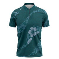 Aloha Hawaii Floral Tapa Zipper Polo Shirt Patchwork Teal - Polynesian Pride