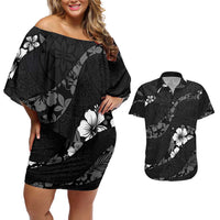 Aloha Hawaii Floral Tapa Couples Matching Off Shoulder Short Dress and Hawaiian Shirt Patchwork Charcoal - Polynesian Pride
