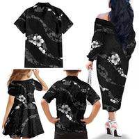 Aloha Hawaii Floral Tapa Family Matching Off The Shoulder Long Sleeve Dress and Hawaiian Shirt Patchwork Charcoal - Polynesian Pride