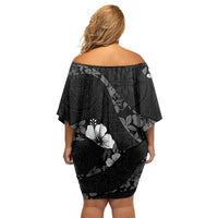 Aloha Hawaii Floral Tapa Family Matching Off Shoulder Short Dress and Hawaiian Shirt Patchwork Charcoal - Polynesian Pride