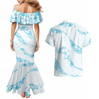 Aloha Hawaii Floral Tapa Couples Matching Mermaid Dress and Hawaiian Shirt Patchwork Turquoise - Polynesian Pride