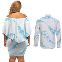 Aloha Hawaii Floral Tapa Couples Matching Off Shoulder Short Dress and Long Sleeve Button Shirt Patchwork Turquoise - Polynesian Pride