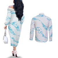 Aloha Hawaii Floral Tapa Couples Matching Off The Shoulder Long Sleeve Dress and Long Sleeve Button Shirt Patchwork Turquoise - Polynesian Pride
