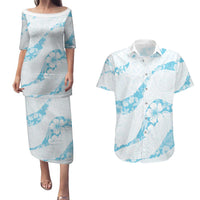 Aloha Hawaii Floral Tapa Couples Matching Puletasi and Hawaiian Shirt Patchwork Turquoise - Polynesian Pride