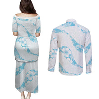 Aloha Hawaii Floral Tapa Couples Matching Puletasi and Long Sleeve Button Shirt Patchwork Turquoise - Polynesian Pride