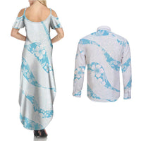 Aloha Hawaii Floral Tapa Couples Matching Summer Maxi Dress and Long Sleeve Button Shirt Patchwork Turquoise - Polynesian Pride