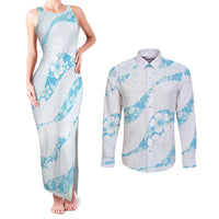 Aloha Hawaii Floral Tapa Couples Matching Tank Maxi Dress and Long Sleeve Button Shirt Patchwork Turquoise - Polynesian Pride
