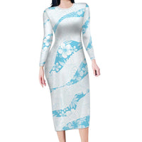 Aloha Hawaii Floral Tapa Family Matching Long Sleeve Bodycon Dress and Hawaiian Shirt Patchwork Turquoise - Polynesian Pride