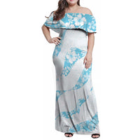 Aloha Hawaii Floral Tapa Family Matching Off Shoulder Maxi Dress and Hawaiian Shirt Patchwork Turquoise - Polynesian Pride