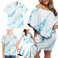 Aloha Hawaii Floral Tapa Family Matching Off Shoulder Short Dress and Hawaiian Shirt Patchwork Turquoise - Polynesian Pride