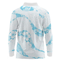 Aloha Hawaii Floral Tapa Long Sleeve Polo Shirt Patchwork Turquoise - Polynesian Pride