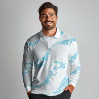 Aloha Hawaii Floral Tapa Long Sleeve Polo Shirt Patchwork Turquoise - Polynesian Pride