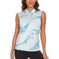 Aloha Hawaii Floral Tapa Women Sleeveless Polo Shirt Patchwork Turquoise - Polynesian Pride