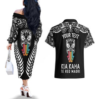 personalised-kia-kaha-te-reo-maori-couples-matching-off-the-shoulder-long-sleeve-dress-and-hawaiian-shirt-hei-tiki-mix-koru-black