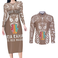 personalised-kia-kaha-te-reo-maori-couples-matching-long-sleeve-bodycon-dress-and-long-sleeve-button-shirts-hei-tiki-mix-koru-brown