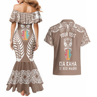 Personalised Kia Kaha Te Reo Maori Couples Matching Mermaid Dress and Hawaiian Shirt Hei Tiki Mix Koru - Brown LT7 - Polynesian Pride