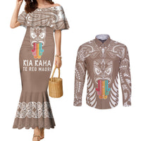 personalised-kia-kaha-te-reo-maori-couples-matching-mermaid-dress-and-long-sleeve-button-shirts-hei-tiki-mix-koru-brown