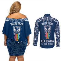 personalised-kia-kaha-te-reo-maori-couples-matching-off-shoulder-short-dress-and-long-sleeve-button-shirts-hei-tiki-mix-koru-navy-blue