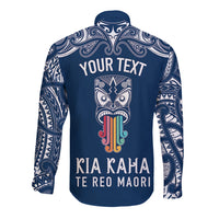 personalised-kia-kaha-te-reo-maori-long-sleeve-button-shirt-hei-tiki-mix-koru-navy-blue