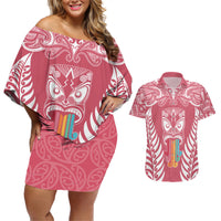 personalised-kia-kaha-te-reo-maori-couples-matching-off-shoulder-short-dress-and-hawaiian-shirt-hei-tiki-mix-koru-pink