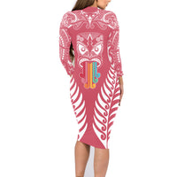 personalised-kia-kaha-te-reo-maori-family-matching-long-sleeve-bodycon-dress-and-hawaiian-shirt-hei-tiki-mix-koru-pink