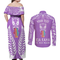 personalised-kia-kaha-te-reo-maori-couples-matching-off-shoulder-maxi-dress-and-long-sleeve-button-shirts-hei-tiki-mix-koru-purple