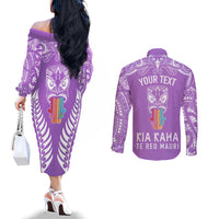 personalised-kia-kaha-te-reo-maori-couples-matching-off-the-shoulder-long-sleeve-dress-and-long-sleeve-button-shirts-hei-tiki-mix-koru-purple