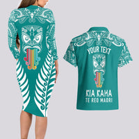personalised-kia-kaha-te-reo-maori-couples-matching-long-sleeve-bodycon-dress-and-hawaiian-shirt-hei-tiki-mix-koru-teal