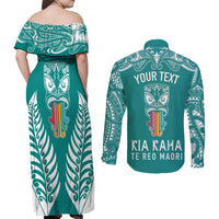 personalised-kia-kaha-te-reo-maori-couples-matching-off-shoulder-maxi-dress-and-long-sleeve-button-shirts-hei-tiki-mix-koru-teal