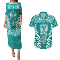personalised-kia-kaha-te-reo-maori-couples-matching-puletasi-dress-and-hawaiian-shirt-hei-tiki-mix-koru-teal