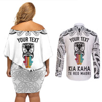 personalised-kia-kaha-te-reo-maori-couples-matching-off-shoulder-short-dress-and-long-sleeve-button-shirts-hei-tiki-mix-koru-white