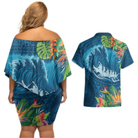 Outrigger Canoe Blue Couples Matching Off Shoulder Short Dress and Hawaiian Shirt On The Waves
