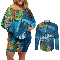 Outrigger Canoe Blue Couples Matching Off Shoulder Short Dress and Long Sleeve Button Shirt On The Waves