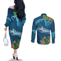 Outrigger Canoe Blue Couples Matching Off The Shoulder Long Sleeve Dress and Long Sleeve Button Shirt On The Waves