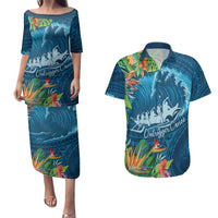 Outrigger Canoe Blue Couples Matching Puletasi and Hawaiian Shirt On The Waves